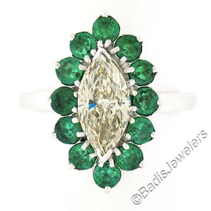 Platinum 2.30ct Marquise Light Yellow Diamond w/ Vivid Round Emerald Halo Ring - Picture 1 of 9