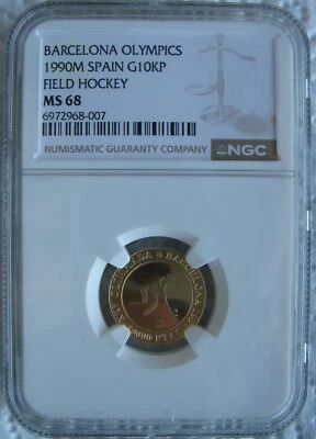 Espanha 1990 Ouro 10000 Pesetas NGC MS-68 Olimpíadas de Barcelona - Hóquei em Campo - Imagem 1 de 3