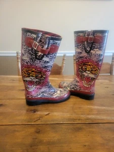 Christian Audigier LA Ed Hardy Tattoo Graphic Rubber Designer Rain Boots 5 - Picture 1 of 9