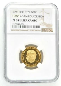 1990 Liechtenstein Gold 50 Franken Coin Hans Adam II Succession NGC PF68 UC Y# 2 - Picture 1 of 3