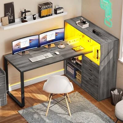 55inch L Shaped Desk w/Drawers & Power Outlets LED Corner Gaming Computer Table - Image 1 of 4