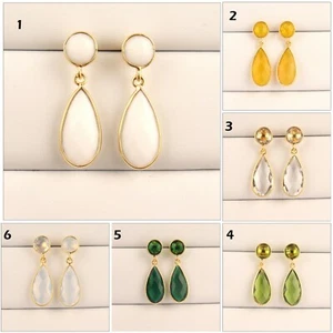 Briolette Cut Hydro Quartz Bezel Setting 24k Gold Plated Push Back Drop Earrings - Picture 1 of 43