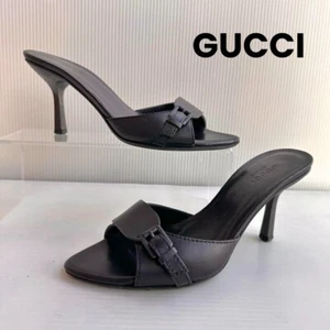Gucci Mules With Belt Sandals High Heels Shoes Black Leather Lady Vintage size35 - Picture 1 of 12