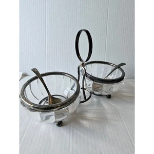 Silver Plated Double Glass Bowl Set Condiment Server Jam Jelly Spoons - Picture 1 of 6