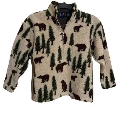 Chaqueta Pullover Gap Kids Polar Estampado Oso Árbol Verde Crema Talla Mediana NUEVA Foto 1 de 4