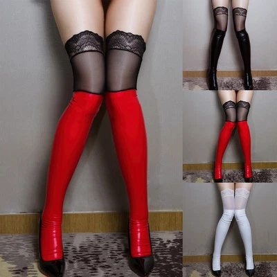 Stylish Women's Black Pu Leather Thigh High Stockings Hosiery Clubwear - Image 1 of 4