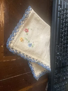 Vintage Floral Embroidered Handkerchief Blue, Red and Yellow - Picture 1 of 5