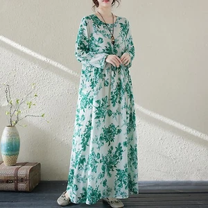 Women's Floral Print Long Sleeve Dress, Vacation Style Crew Neck Maxi Dress - Picture 1 of 17