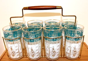 Vintage Anchor Hocking Teal/White Teapot Glassware set of 8 with Rack "RARE" - Picture 1 of 2