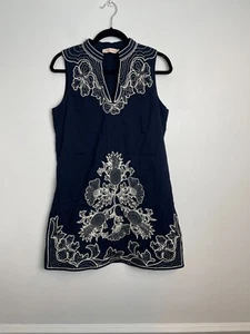 TORY BURCH Embroidered Tunic Mini Shift Dress Size Medium Color Navy - Picture 1 of 8