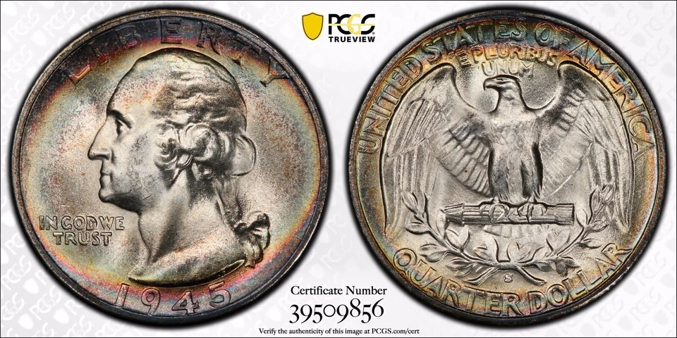 1945 S Washington Silver Quarter PCGS MS66+ CAC Nice Rainbow Toning - Image 1 of 1