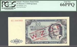 Poland, 20 Zlotych, 1.7.1948, P137s, SPECIMEN, PCGS 66PPQ, Narodowy Bank Polski - Picture 1 of 2