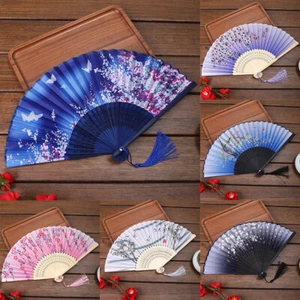Chinese Folding Fan Bamboo Cloth Foldable Hand Held Dance Fan Party Favor Gift - Picture 1 of 34