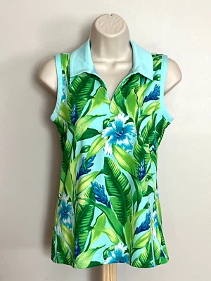 New! Tommy Bahama Women S Floral Sleeveless Green Polo Shirt 1/4 Zip Golf Tennis - Image 1 of 4