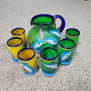 Mexican Hand Blown Painted Talavera Cobalt Rim Frosted Glass Pitcher Glasses 7pc - Picture 1 of 10