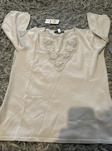 Cable & Gauge Shirt Womens Petite Medium Oatmeal Long Sleeve - Picture 1 of 8