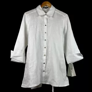 Go Seide Long Leinen Tie-Waist Tunika Top weiß Lagenlook Knopfleiste Neu mit Etikett Petite Gr. M - Bild 1 von 7