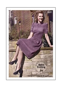 1940's Pretty Puff Sleeve Dress Vintage Knitting Pattern Bust 32-34 - Picture 1 of 2