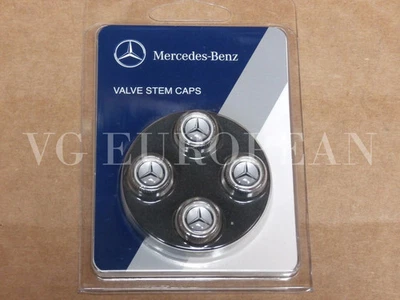 Mercedes-Benz Genuine Tire Valve Steam Cap Set, Black Star on Silver Caps OEM OE - Image 1 of 2