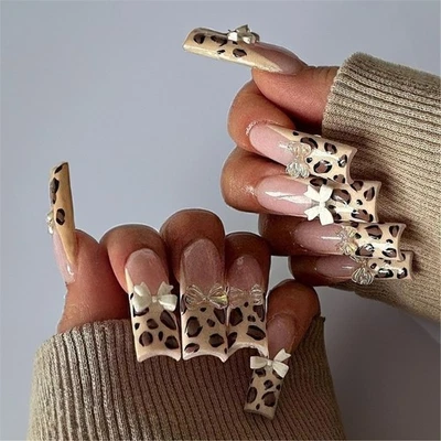 24x French Tip Acrylic Nail 3D Bows Press On Nail Leopard Print False Nail - Image 1 of 4