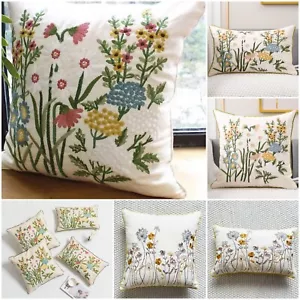 Throw Pillow Cover Embroidered Floral Pattern Cushion Case Multicolor White - Picture 1 of 18