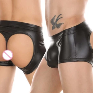 Men Boxer Briefs Open Butt Underwear Trunks Sexy Wet Look Shorts Faux Leather - Picture 1 of 19