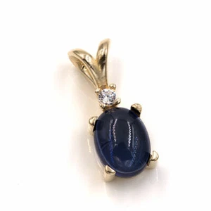 Lab Created Blue Sapphire 8x6mm Oval Cabochon w/ Accent 14KT Yellow Gold Pendant - Picture 1 of 2