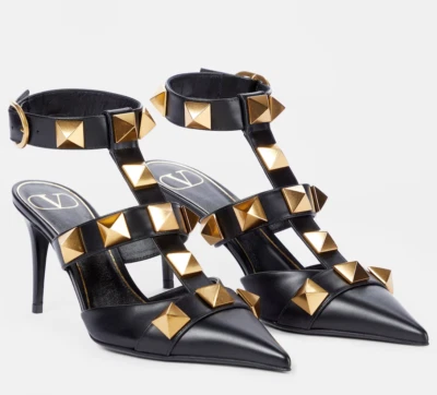 Valentino Garavani Roman Stud Caged Pump Black Ankle Strap 37.5/ 7.5 NIB $1270 - Image 1 of 4