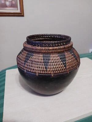 Wood & Wicker Crate & Barrel Snake Charmer Flower Pot Vase Home Decor Indonesia - Image 1 of 4