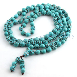 10x12mm Blue Turquoise Carve Skull 108 Prayer Beads Tibet Buddhist Mala Necklace - Picture 1 of 3
