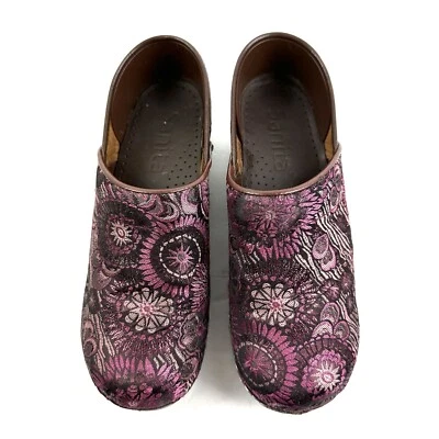 Sanita Clogs 38 Floral Embroidered Tapestry Fabric Slip On Pink Purple Shoes  - Image 1 of 4