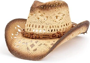 Straw Cowboy Hat for Women and Men with Medium-Large, Brown/Beads - Tea Stain  - Picture 1 of 7