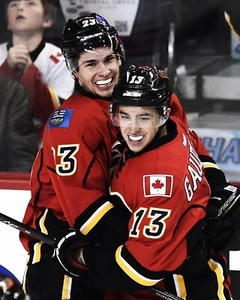 Sean Monahan & Johnny Gaudreau Celebrate a Goal Calgary Flames 8x10 NHL Photo - Picture 1 of 1