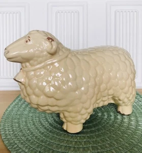 Handmade 11” Long x 8” Tall, Cream Color, Highly Glazed Happy Looking Clay Sheep - Picture 1 of 14