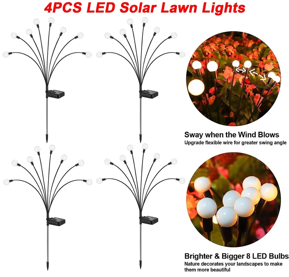 E-AUTOTECH 4PCS Solar Firefly Light Garden Waterproof Lamp Outdoor Landscape Lawn Decor US