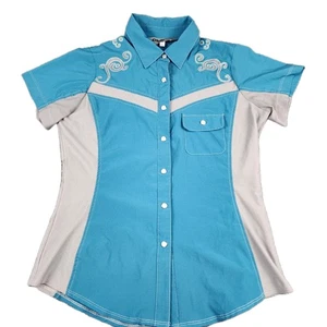 Club Ride Damen L Western Pearl Snap Radfahren Reiten Reitsport Shirt Mesh blau - Bild 1 von 13