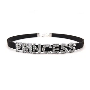 Rhinestone PRINCESS Letter Choker Necklaces for Women Velvet Leather Collar V4 - Picture 1 of 9