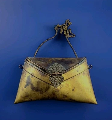 Antique Velvet Lined Brass Flapper Pillow Envelope Latch Purse 16" Drop Chain - Image 1 of 4