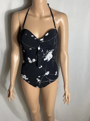 Maiô Spiegel Feminino One Piece Tamanho 8 Preto Branco Floral Halter Novo com etiquetas - Imagem 1 de 4