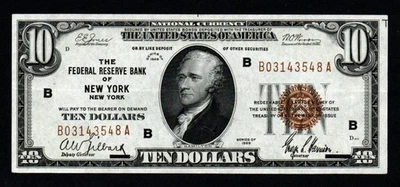 1929 $10 New York BEAUTIFUL AU Federal Reserve Bank Note! - Image 1 of 2