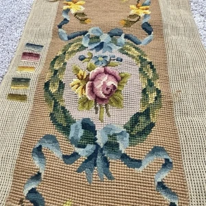 Vintage Antique Needlepoint Floral Bouquet Shabby Cottage Handmade Unfinished - Picture 1 of 7