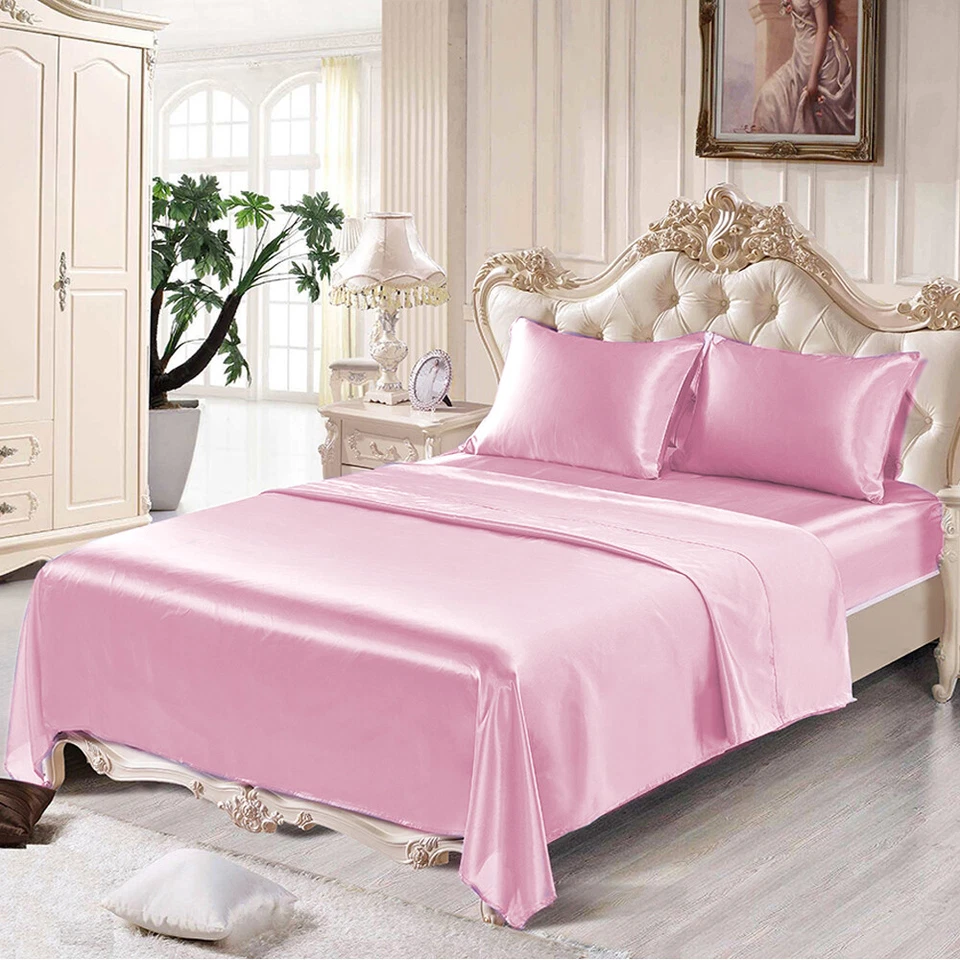 Комплект простыней из 4 гладких атласных шелковых простыней с глубокими карманами для кровати с защитой от морщин и выцветания - Изображение 1 из 4