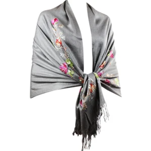 Chic Gray Pashmina Scarf with Vibrant Floral Embroidery and Tassels - Picture 1 of 5