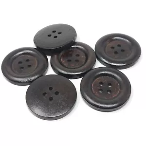Round Dark Brown 35mm Wooden Sewing Buttons Scrapbooking (4 Holes) Pack Of 6 - Picture 1 of 1