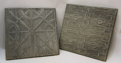 Two 12" Square Tin Ceiling Wall Panels Stressed Metal Primitive Reproduction Cover