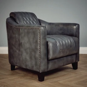 100% Real Leather Tub Aviator Wing Accent Arm Chair Brown Tan Grey - Picture 1 of 19