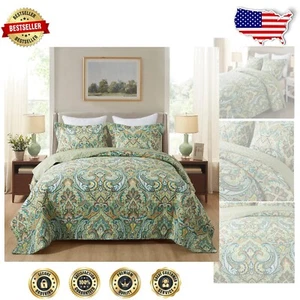 Lussuoso set trapunta floreale verde europeo - tutte le stagioni California king size - Foto 1 di 11