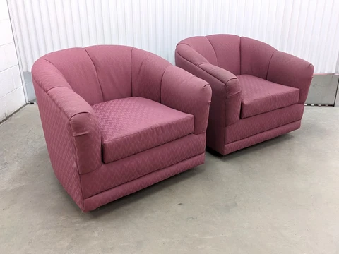 2 Mauve Channel Tufted Oversized Tub Barrel Swivel Chairs by Rowe Furniture Cover
