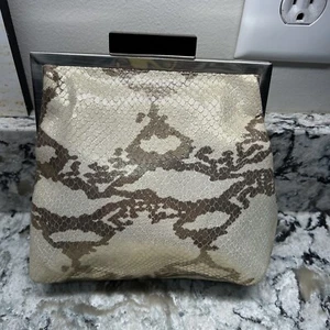Annabel Ingall Gold and Beige Leather Evening Clutch/Shoulder Bag w/Chain - Picture 1 of 8