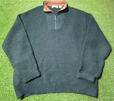 Orvis Wool Blend Sweater Tan green Chunky Mens Pockets 1/4 Zip Size L - Image 1 of 4